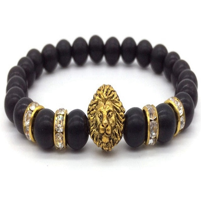 OIQUEI 1pcs Bright Black Onyx Stone Lion Head Beaded Bracelet