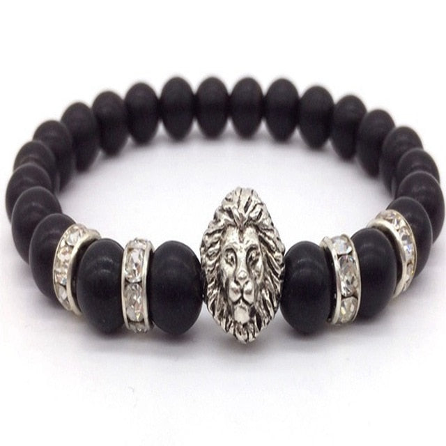 OIQUEI 1pcs Bright Black Onyx Stone Lion Head Beaded Bracelet