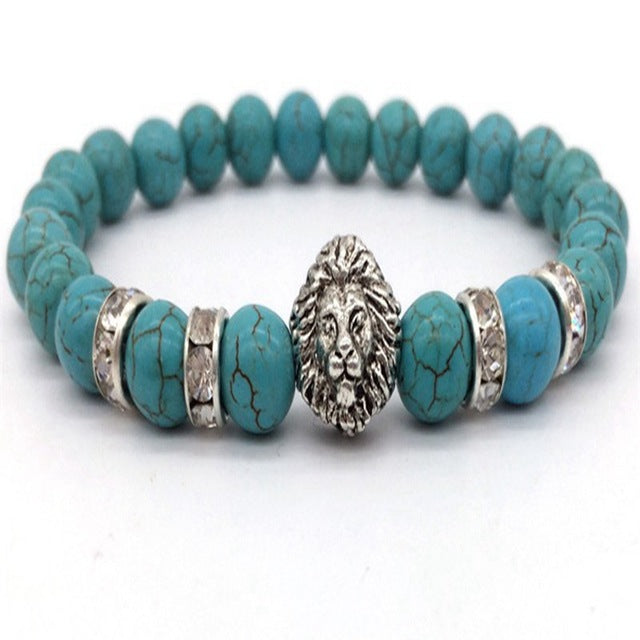 OIQUEI 1pcs Bright Black Onyx Stone Lion Head Beaded Bracelet