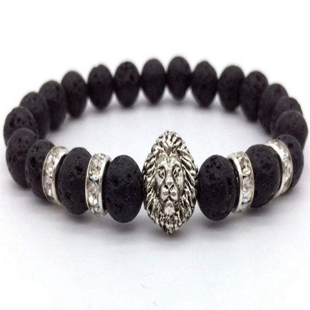 OIQUEI 1pcs Bright Black Onyx Stone Lion Head Beaded Bracelet