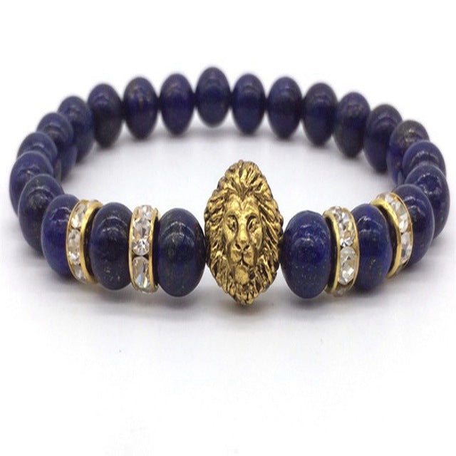 OIQUEI 1pcs Bright Black Onyx Stone Lion Head Beaded Bracelet
