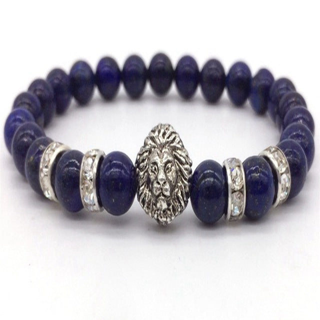 OIQUEI 1pcs Bright Black Onyx Stone Lion Head Beaded Bracelet