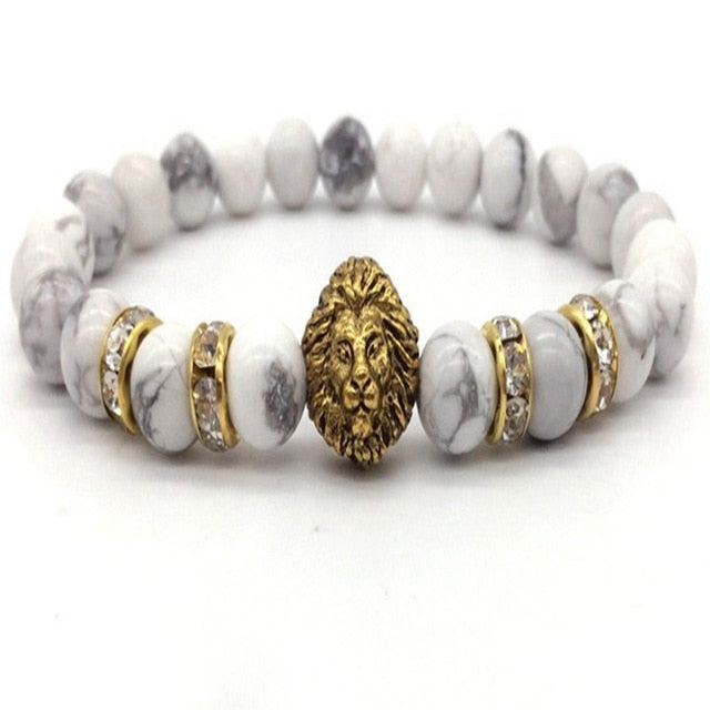 OIQUEI 1pcs Bright Black Onyx Stone Lion Head Beaded Bracelet