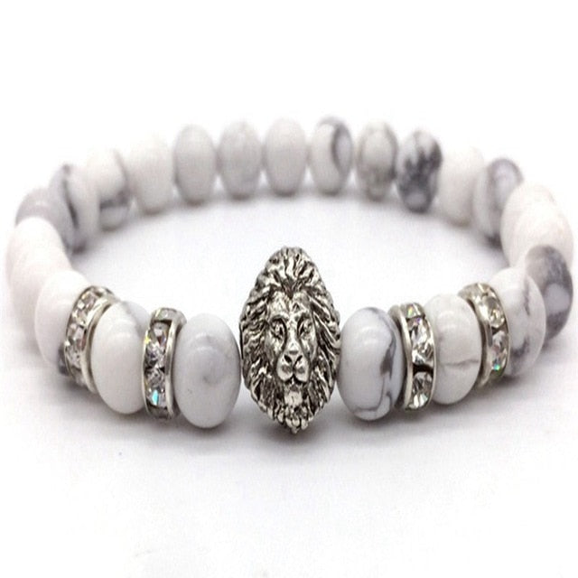 OIQUEI 1pcs Bright Black Onyx Stone Lion Head Beaded Bracelet