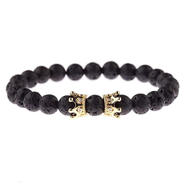 OIQUEI 1pcs Bright Black Onyx Stone Lion Head Beaded Bracelet