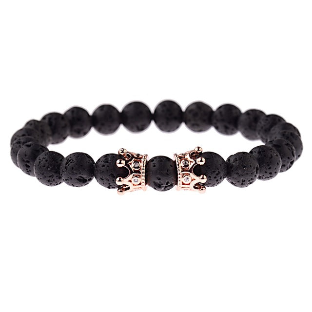 OIQUEI 1pcs Bright Black Onyx Stone Lion Head Beaded Bracelet