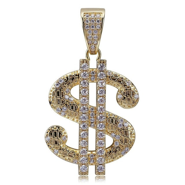 New Solid Dollar Letter Pendant Necklace Men Iced Out Chain Hip Hop/Punk Jewelry Gold Silver Color Necklaces For Gift