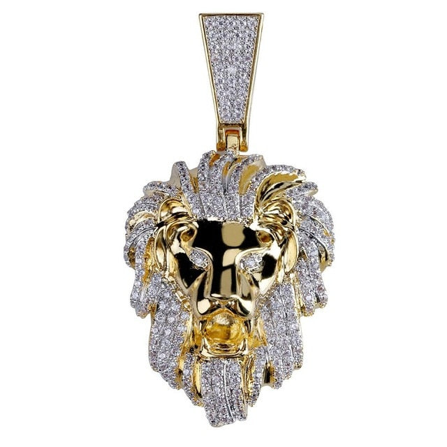 Hip Hop  Gold Color Plated Iced Out Micro Pave Cubic Zircon Lion Head Pendant Necklace Charm For Men Jewelry Gifts