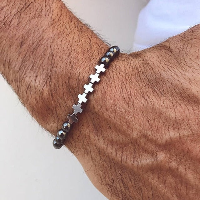 Crown Charm Men bracelet with hematite beads