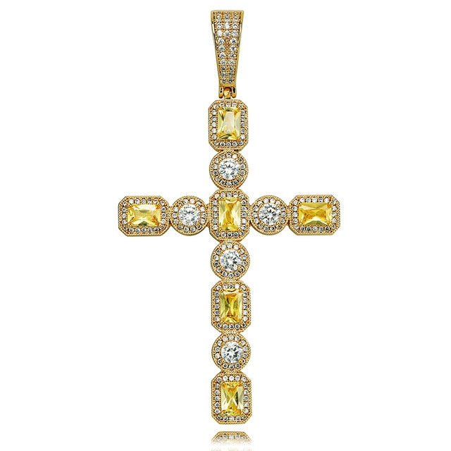 Canary & Clear Princess Cut Solitaire Cross Pendant Necklace With Tennis Chain Mens Gold Silver Color CZ Chains Hip Hop Jewelry