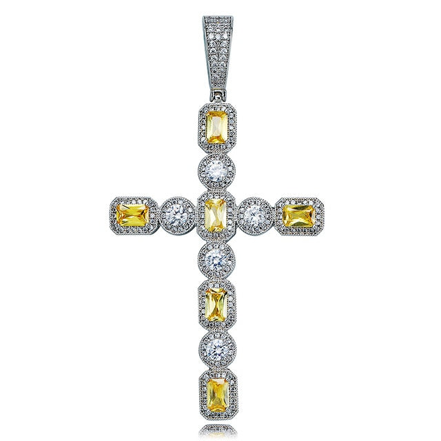 Canary & Clear Princess Cut Solitaire Cross Pendant Necklace With Tennis Chain Mens Gold Silver Color CZ Chains Hip Hop Jewelry
